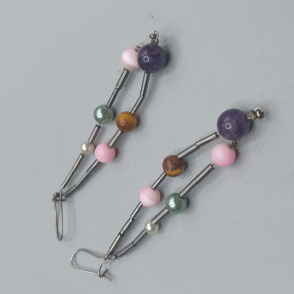 Multi Gemstones Linear Drop Liquid Silver Tone St… - image 3